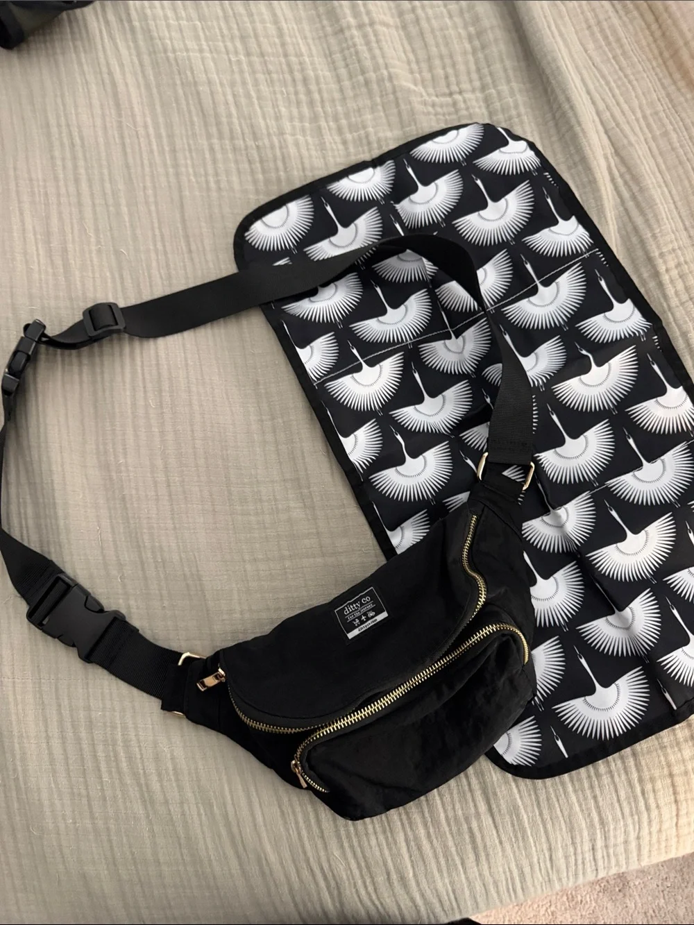 Ditty Co. Lanikai Black Small Diaper Bag / Fanny Pack with Portable Changing Pad